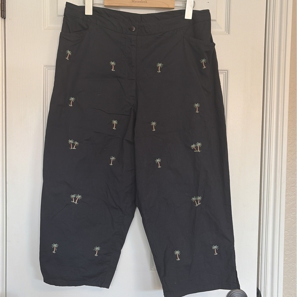 Moka‎ Sport Women 16 Capris Black Embroidered Palm Trees Cotton Spandex Golf